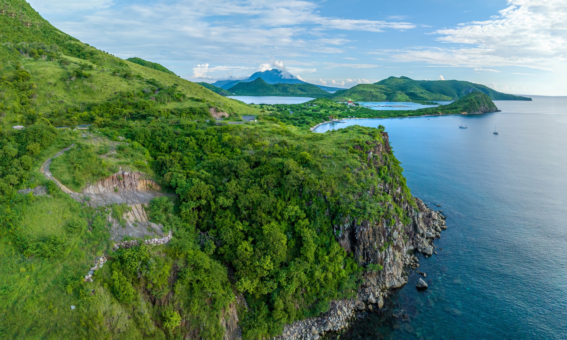 a green hills with trees and water