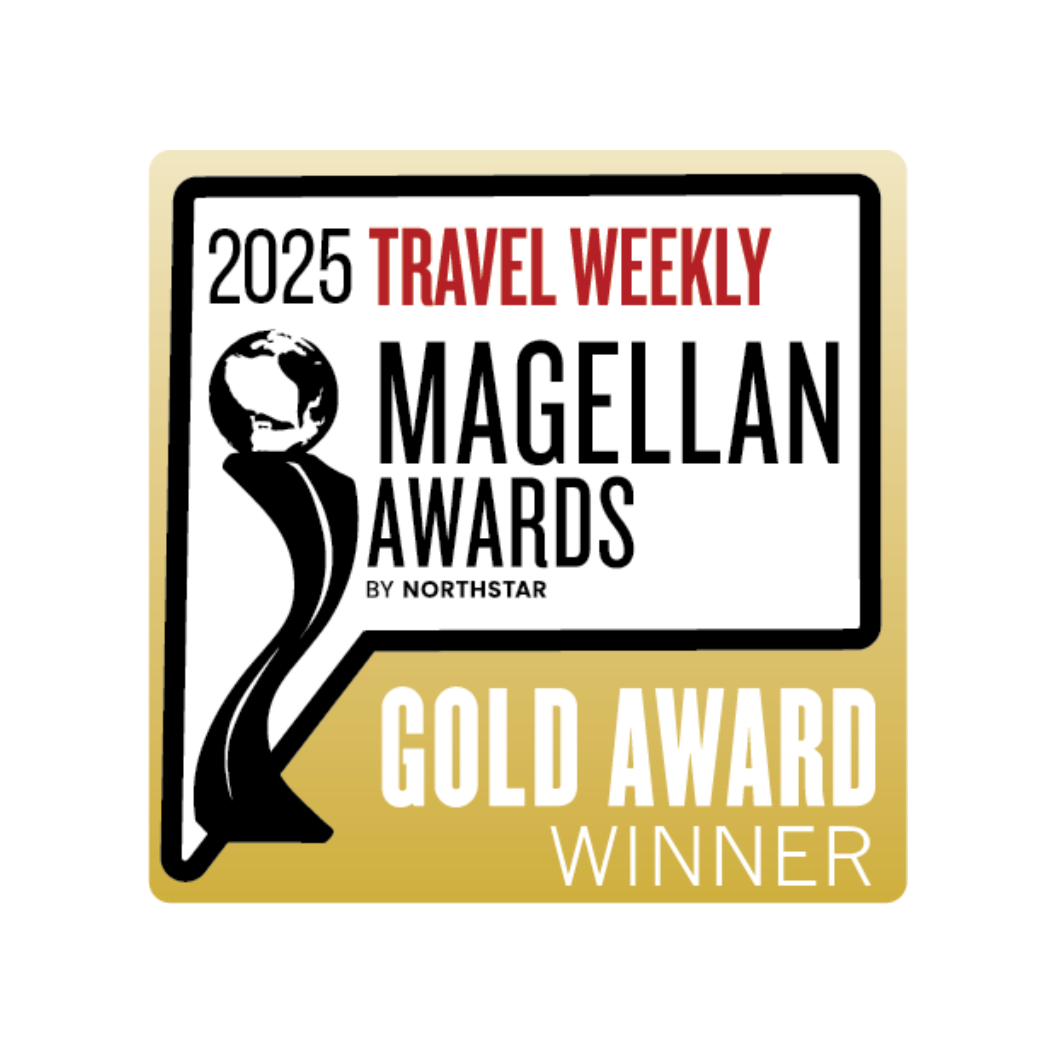 a gold logo with a globe and text