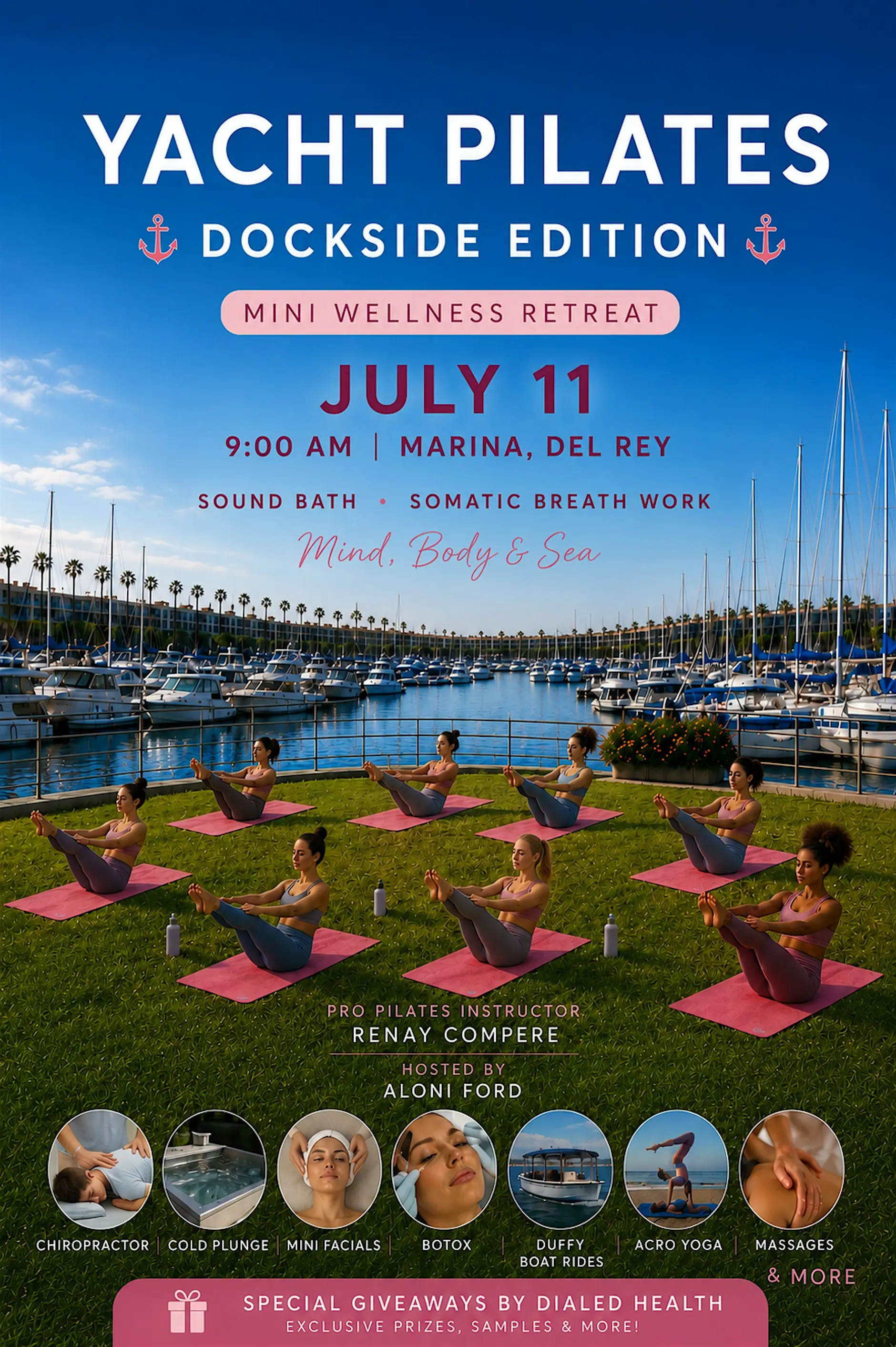 a group of women doing yoga on mats in front of a body of water