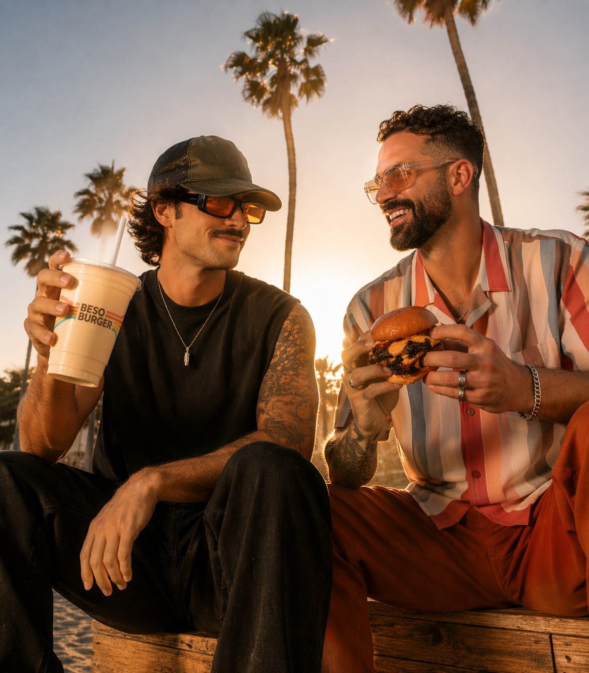 two men sitting on a bench eating burgers and drinking