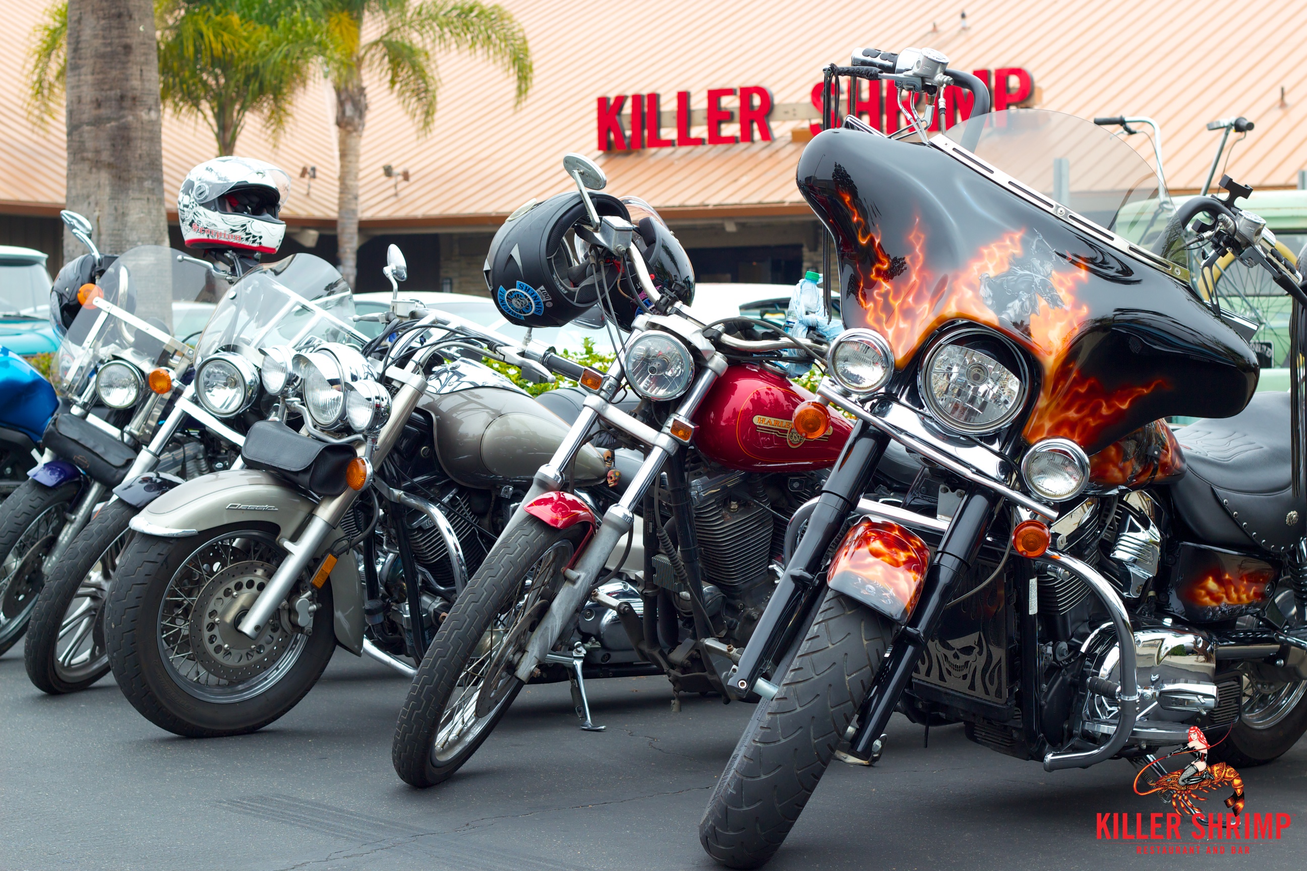 a group of motorcycles parked in a parking lot