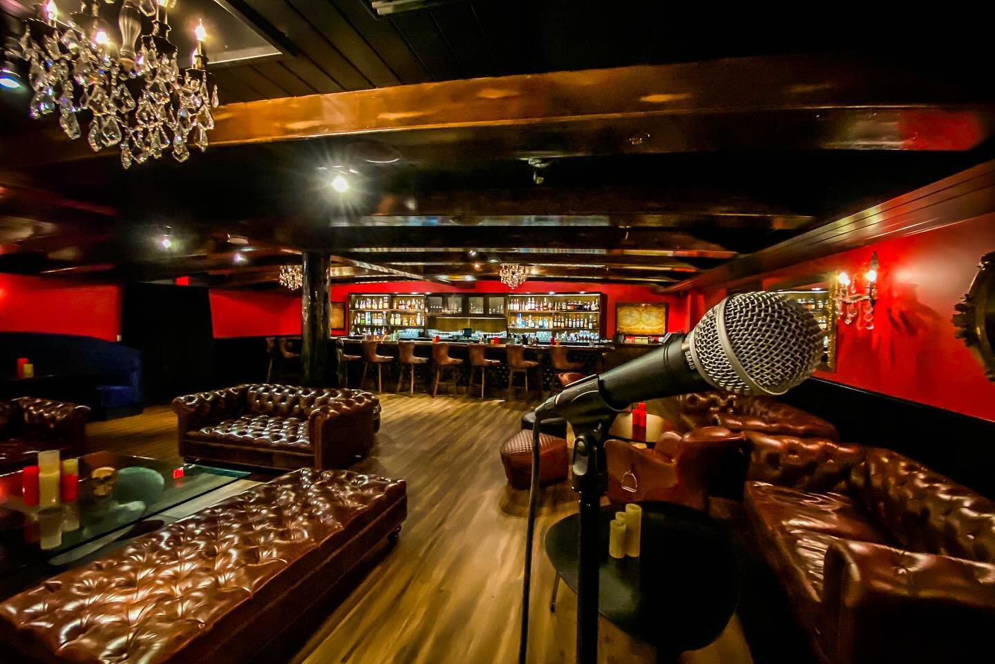 a microphone in a room with leather couches and a bar