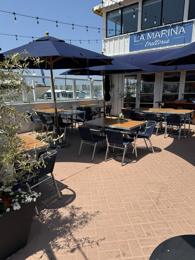 a patio with tables and umbrellas