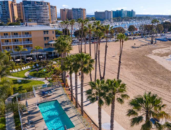 a swimming pool on a beach with palm trees and buildings in the background
