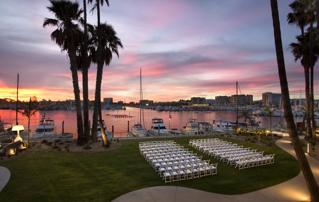 a group of white chairs in a grass field with palm trees and a body of water with a pink and purple sky