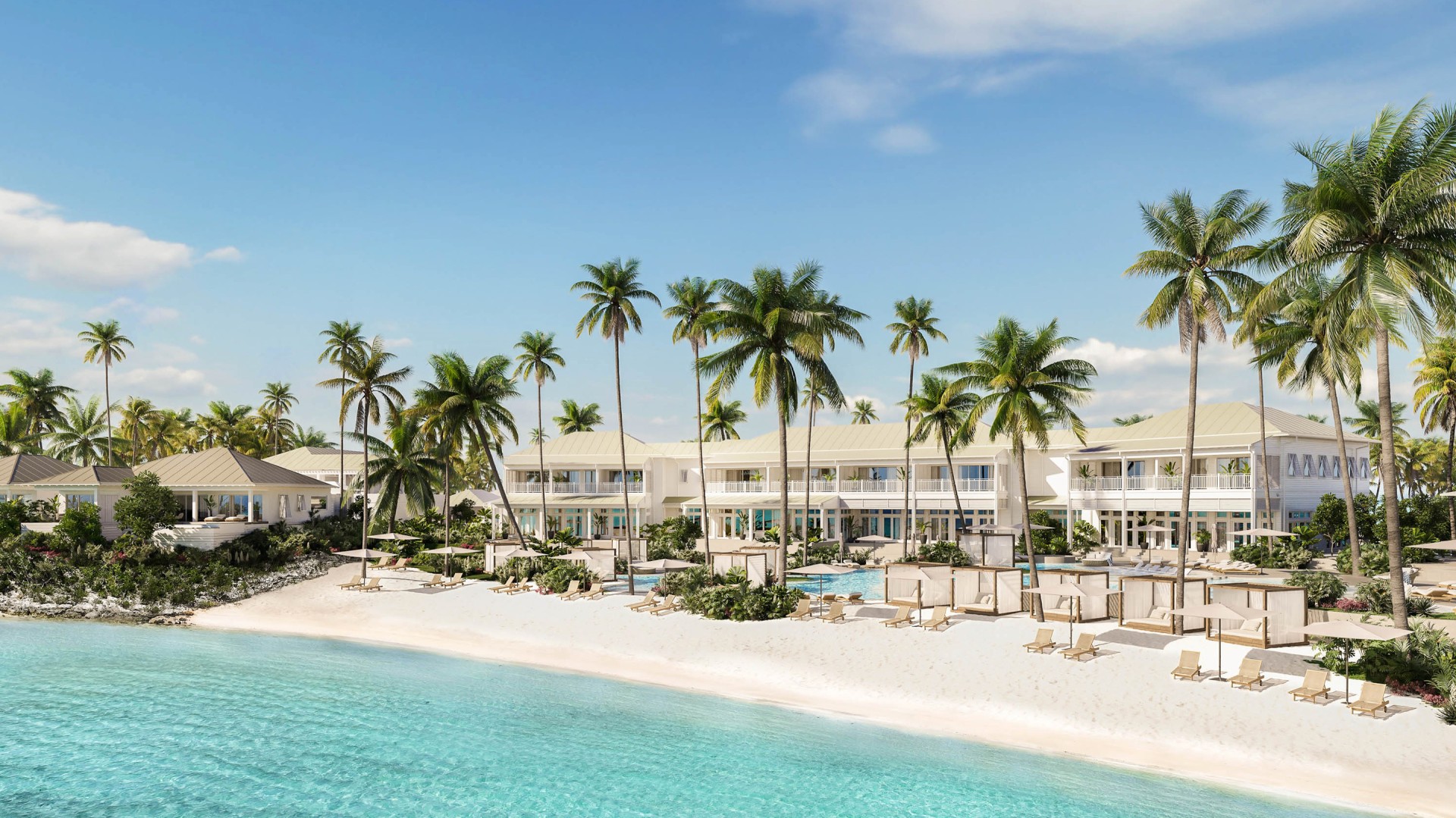 a hotel with palm trees and a pool