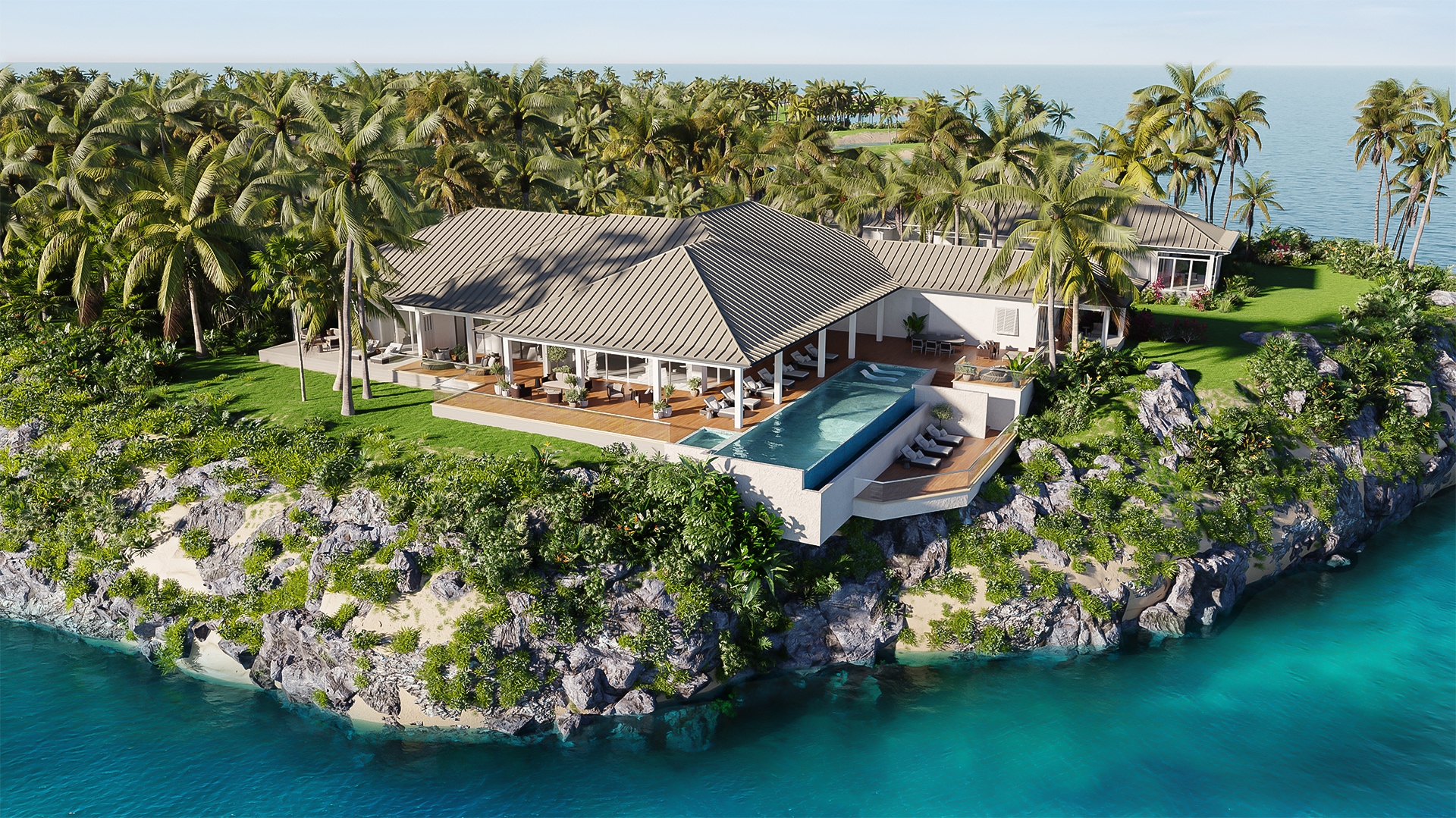 a house on a island with a pool and palm trees