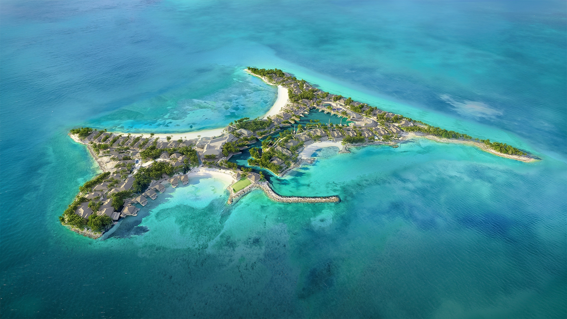 an island with a beach and a pool