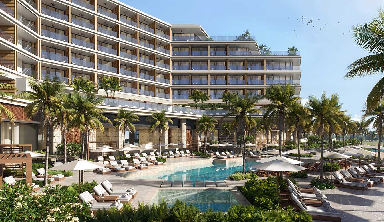 a pool and palm trees in front of a hotel