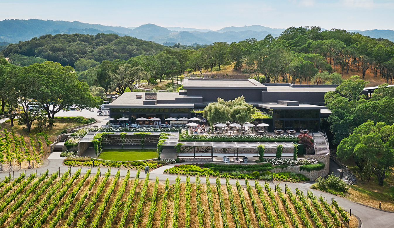 a building with a vineyard and trees