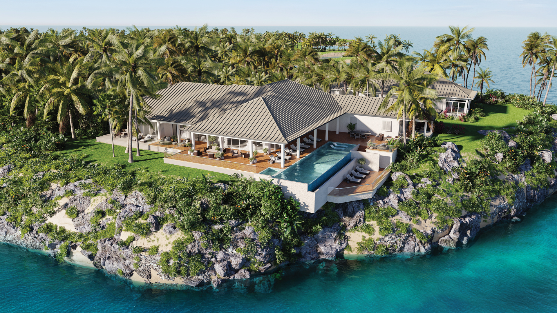 a house with a pool on a cliff above water