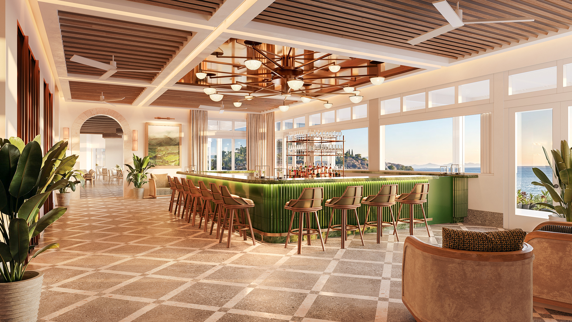 a room with a bar and chairs