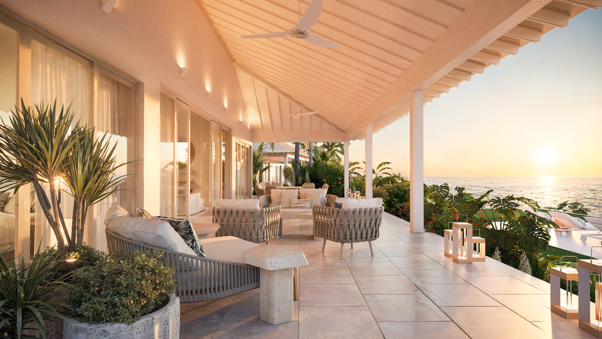 a patio with chairs and a fan