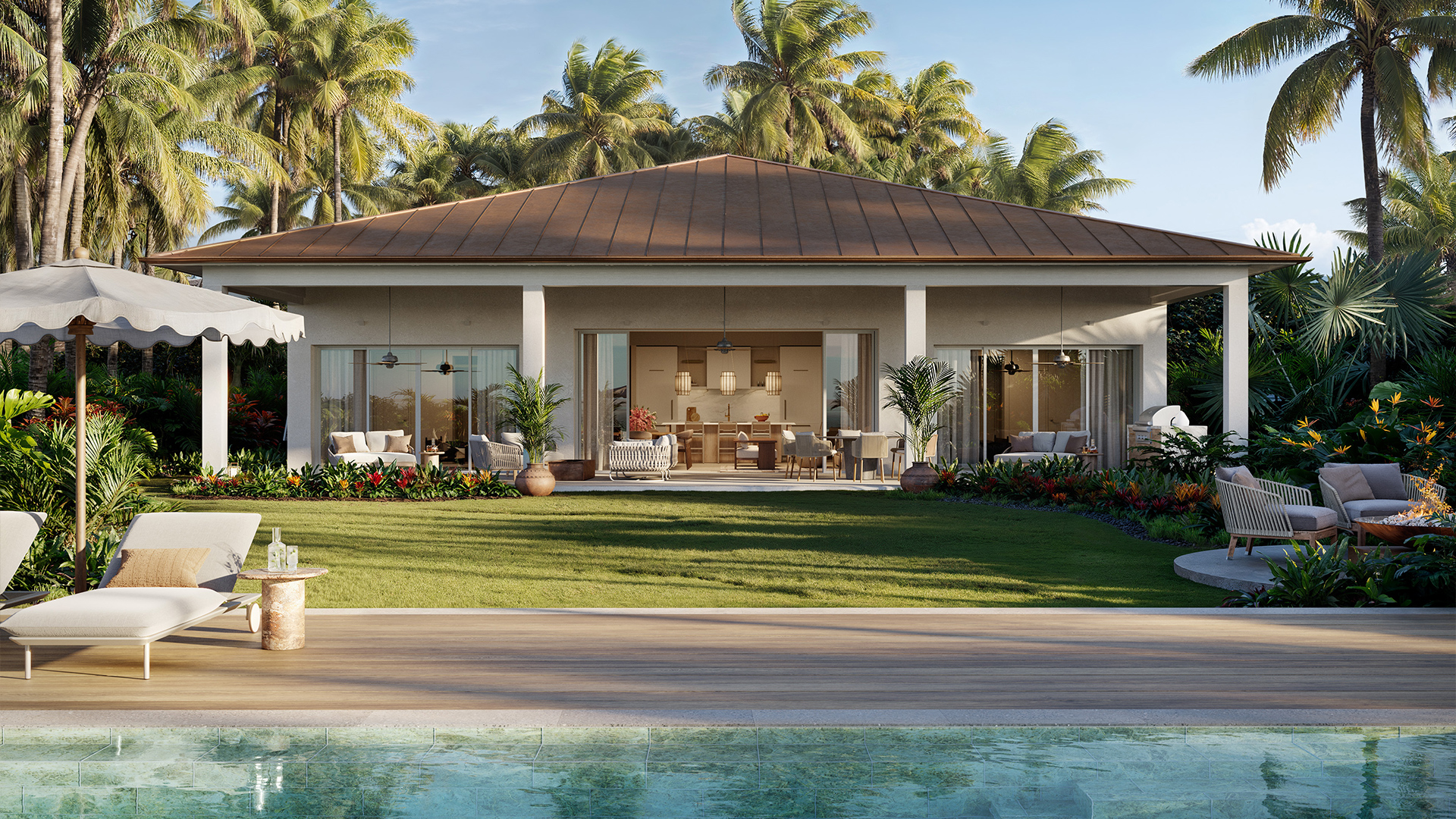 a house with a pool and palm trees