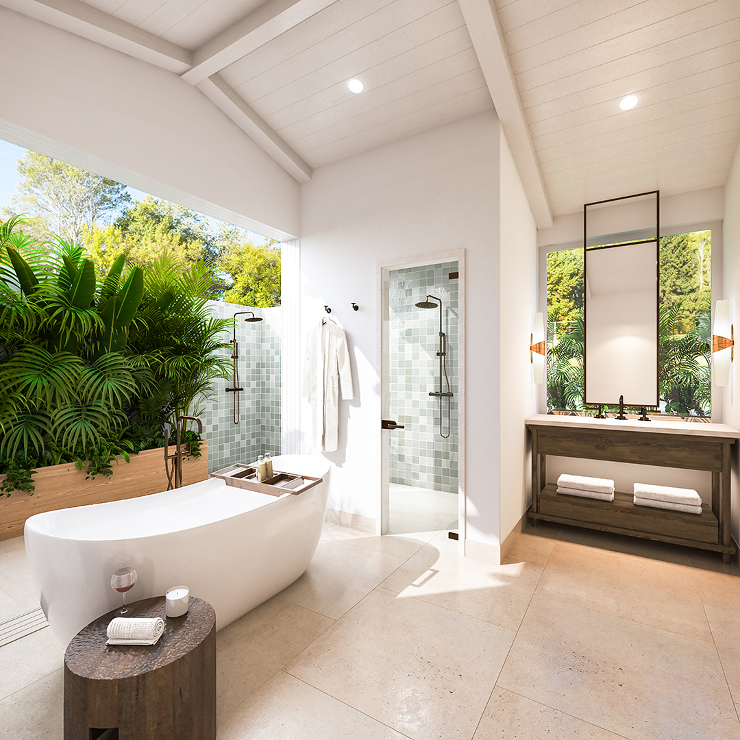 a bathroom with a tub and plants