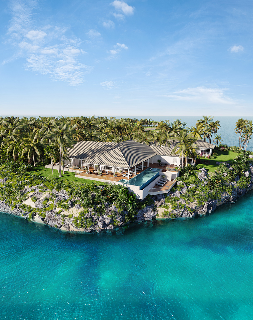 a house on an island with a pool and palm trees