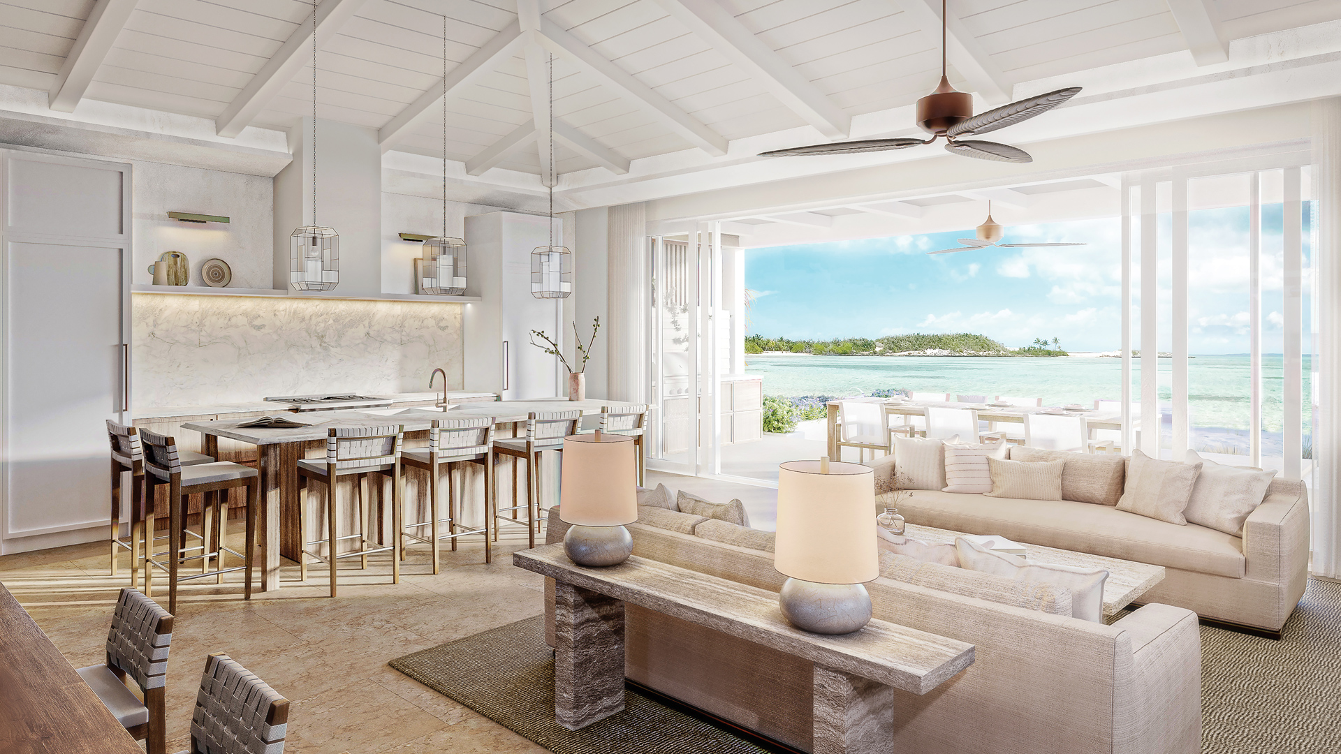 a living room with a large open floor plan and a large kitchen