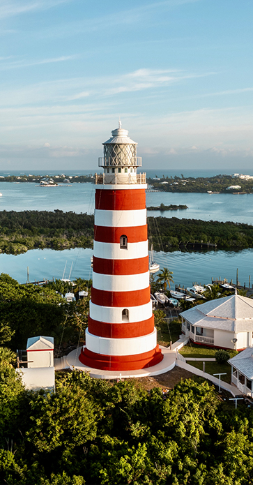 a red and white striped lighthouse