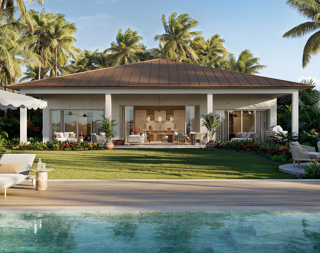 a house with a pool and palm trees