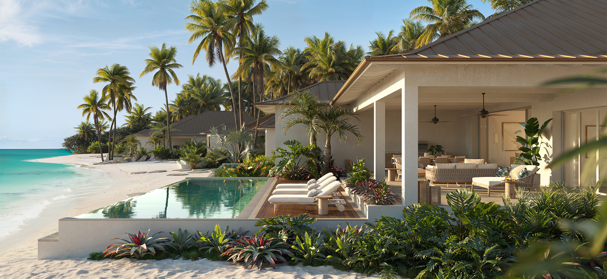 a pool and lounge chairs in a resort