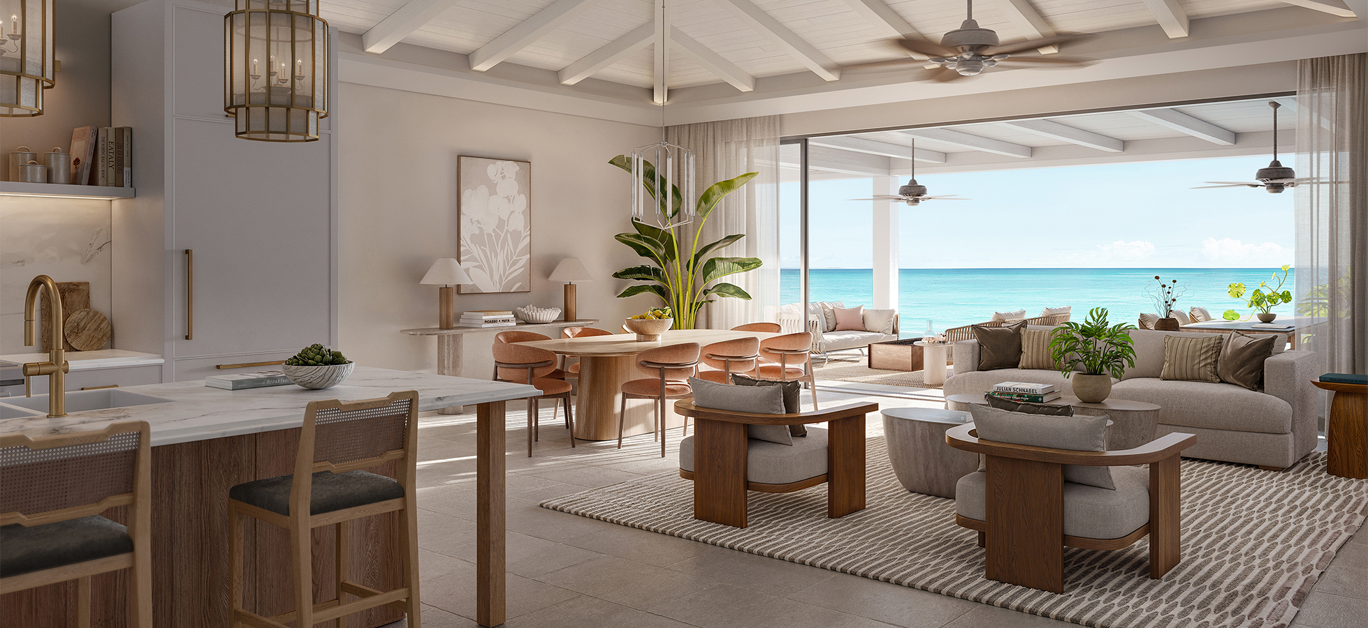 a room with a large window overlooking the ocean