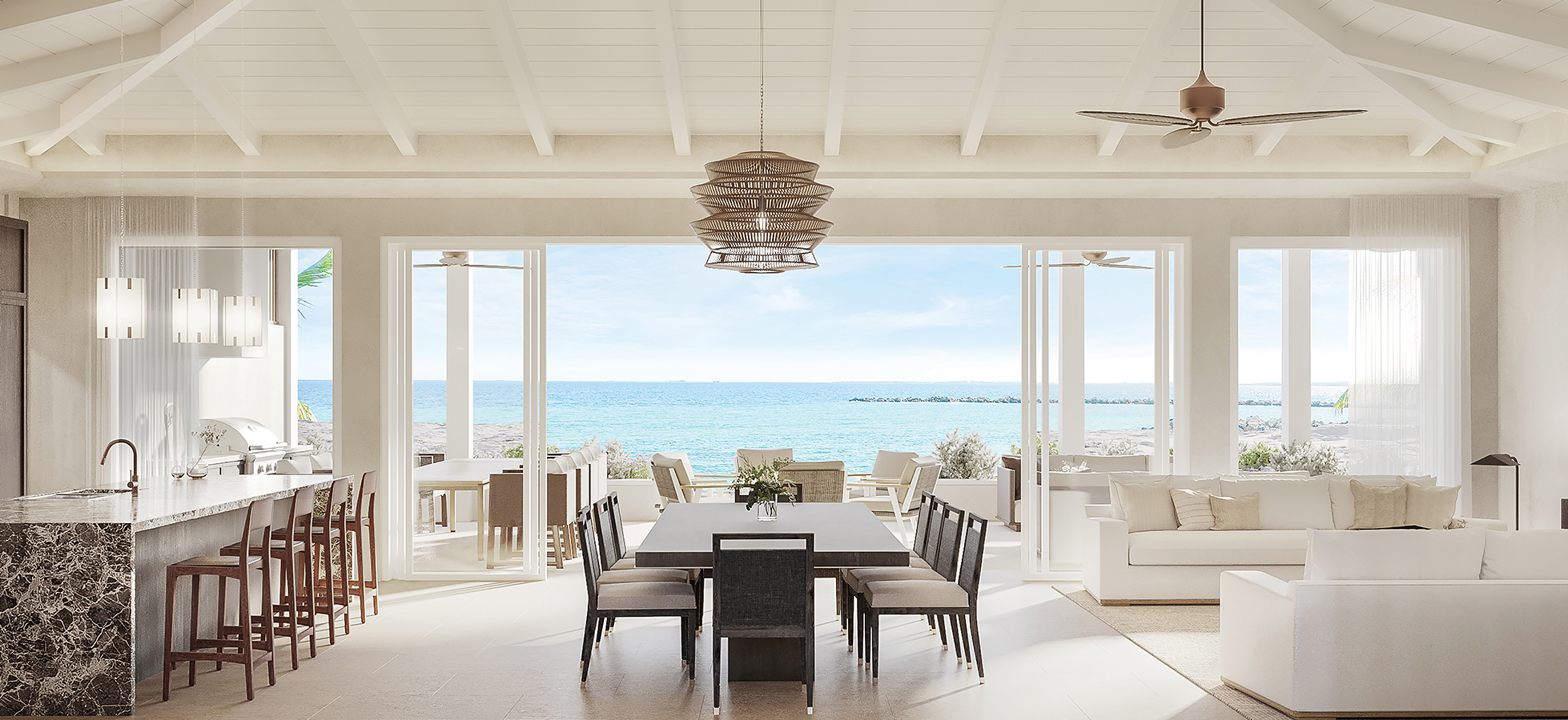 a dining room with a large table and chairs