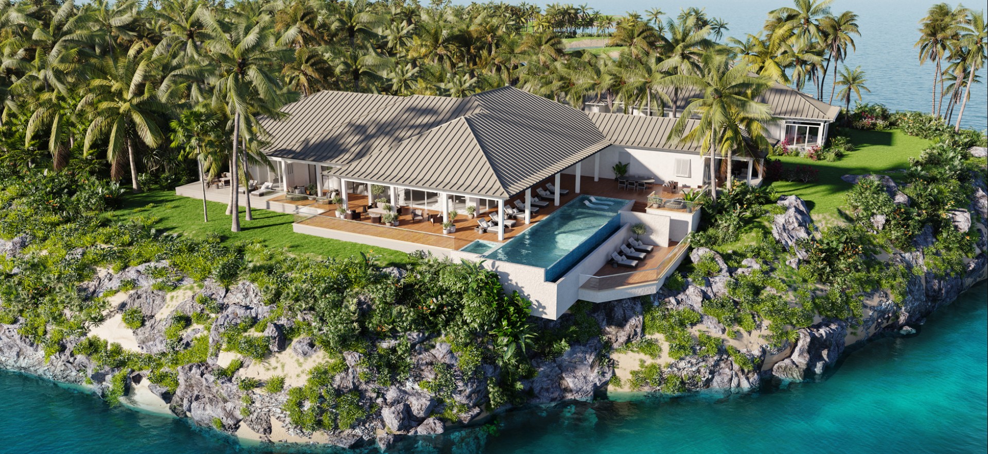 a house with a pool on a cliff above water