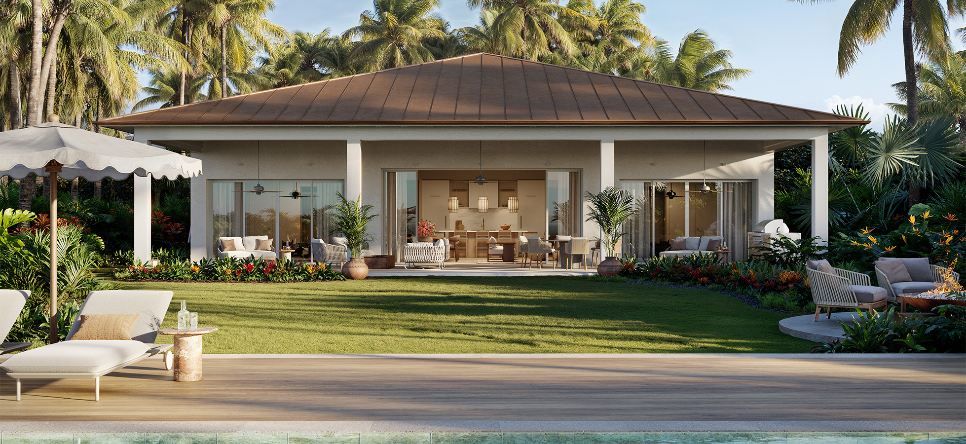 a house with a pool and palm trees