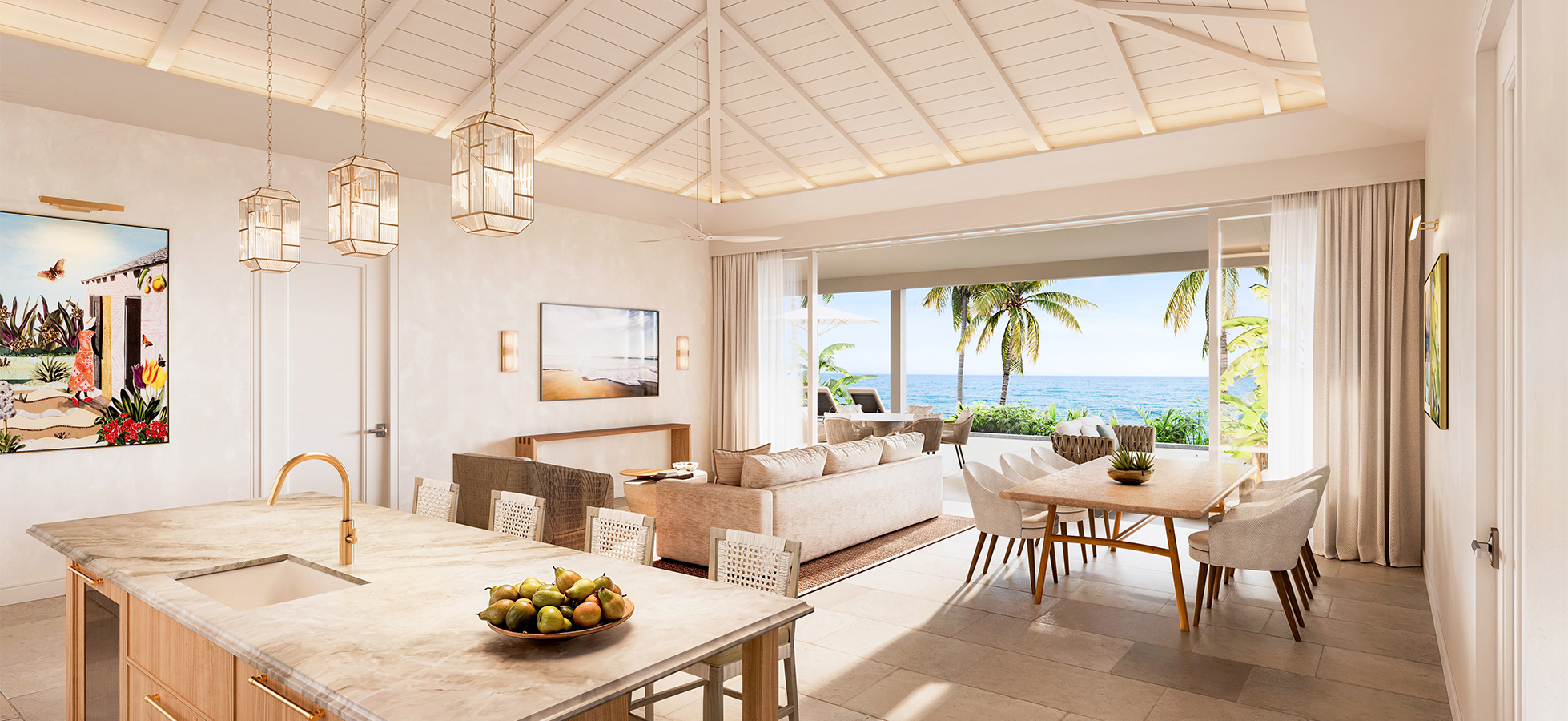 a living room with a large table and chairs and a large window