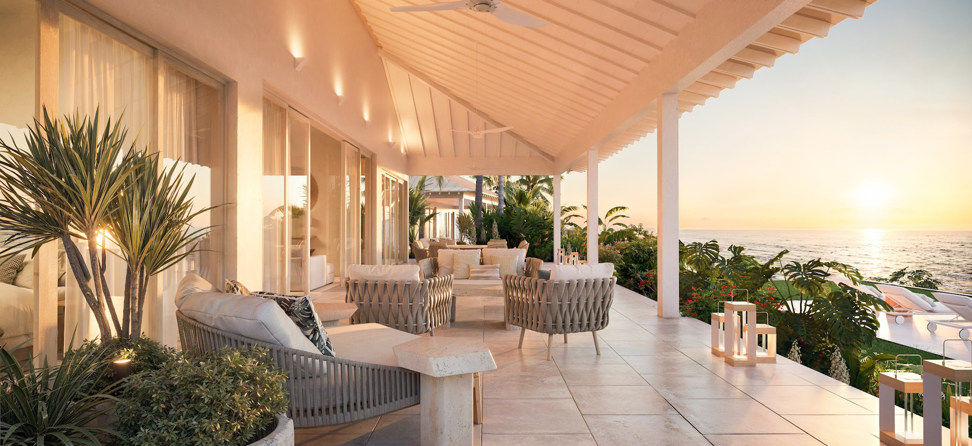 a patio with chairs and a fan