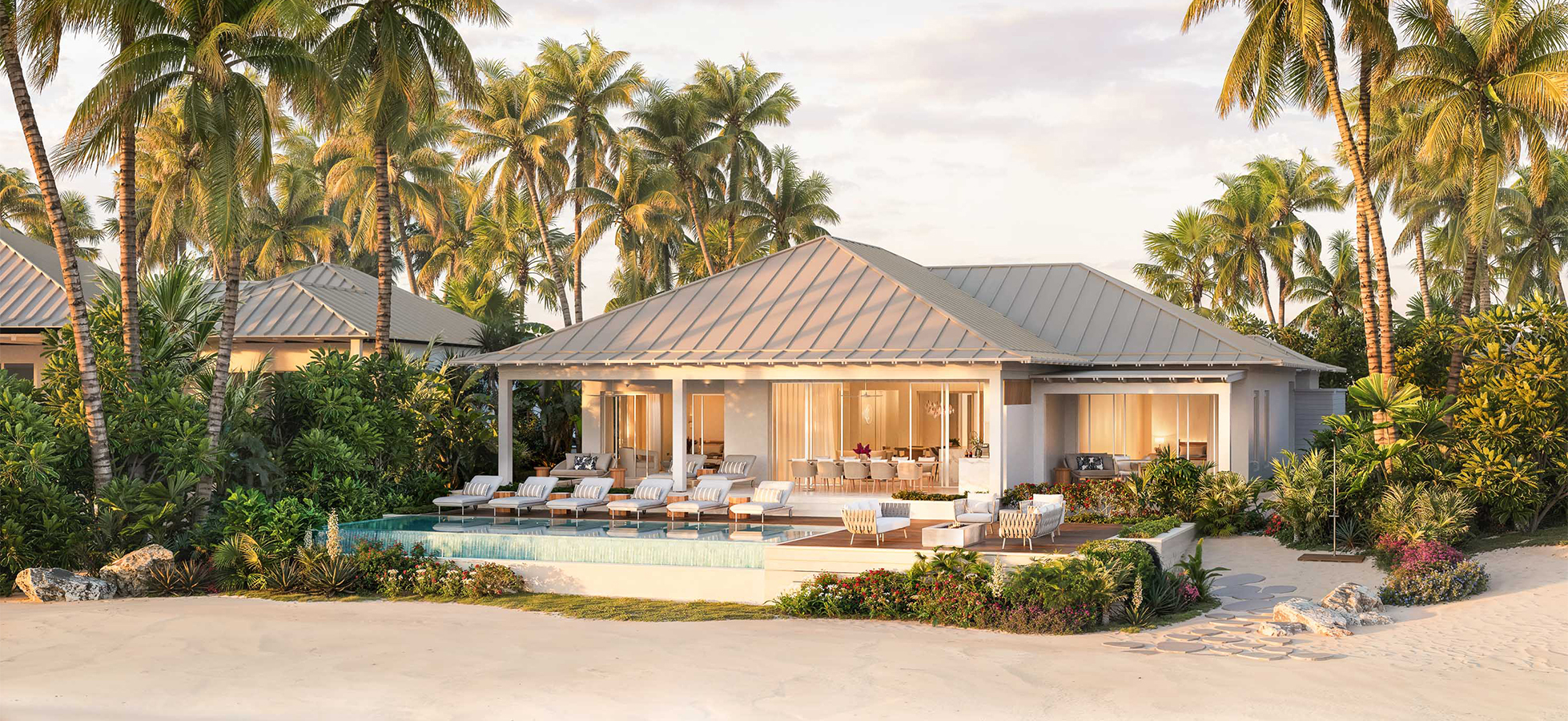 a house with a pool and palm trees