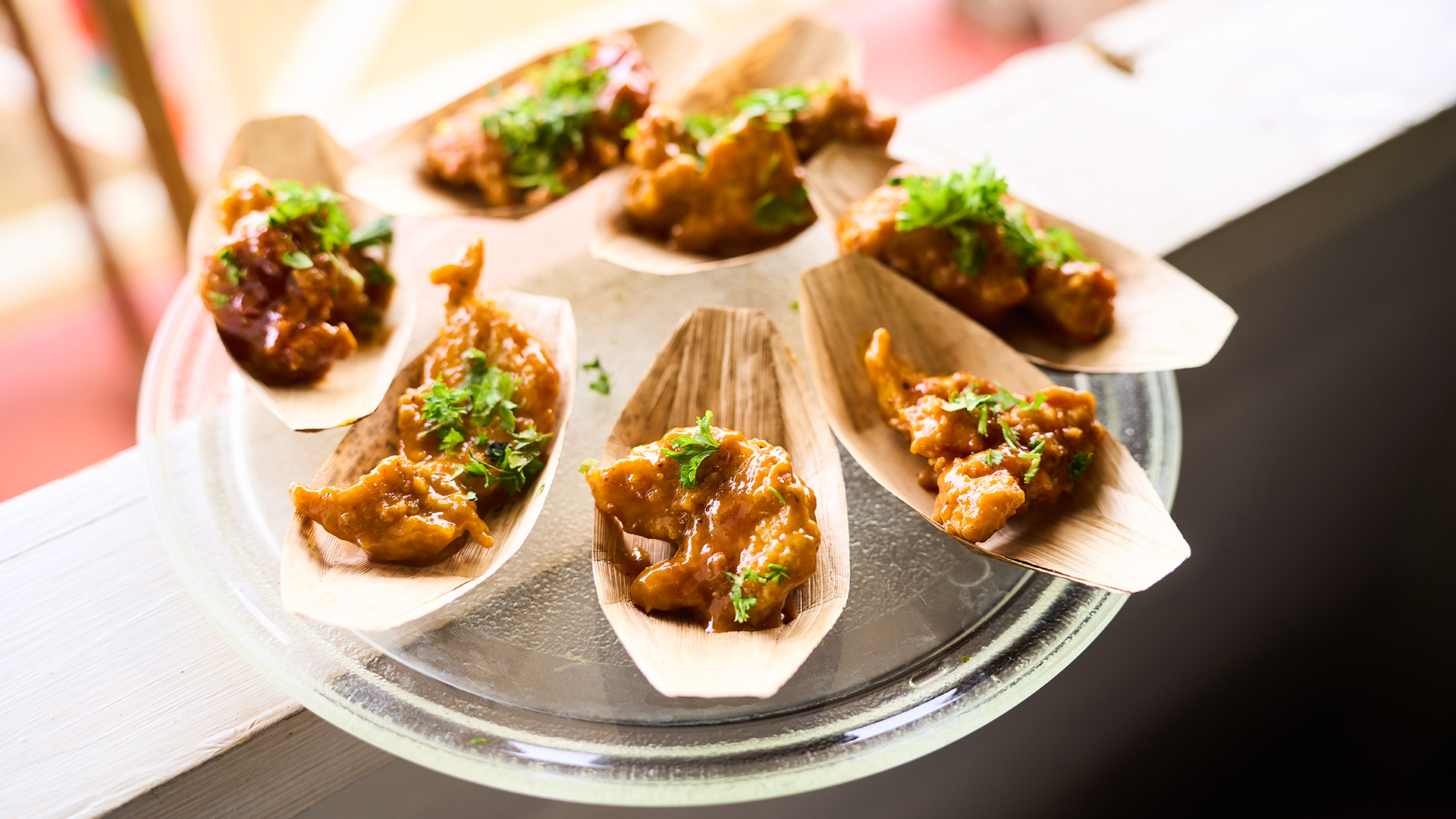 a plate of food on a glass plate