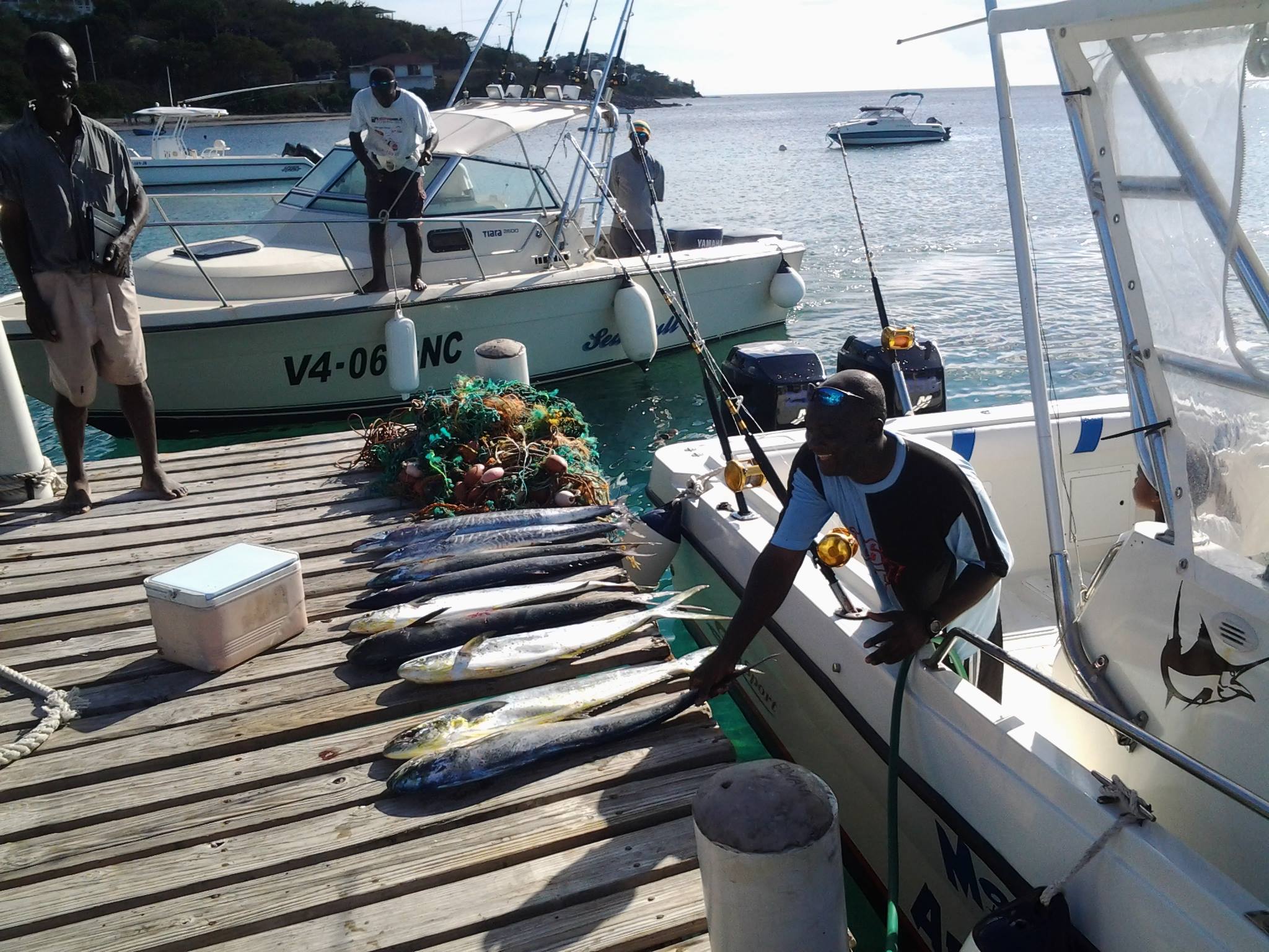 a man holding a fish on a dock