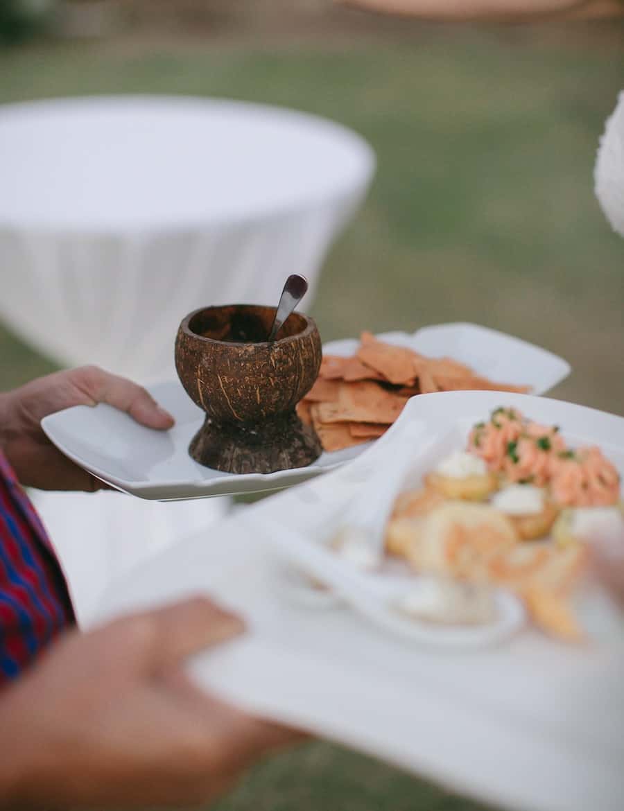 a person holding a plate with food on it