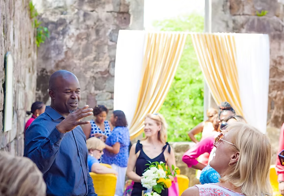 a man talking to a woman