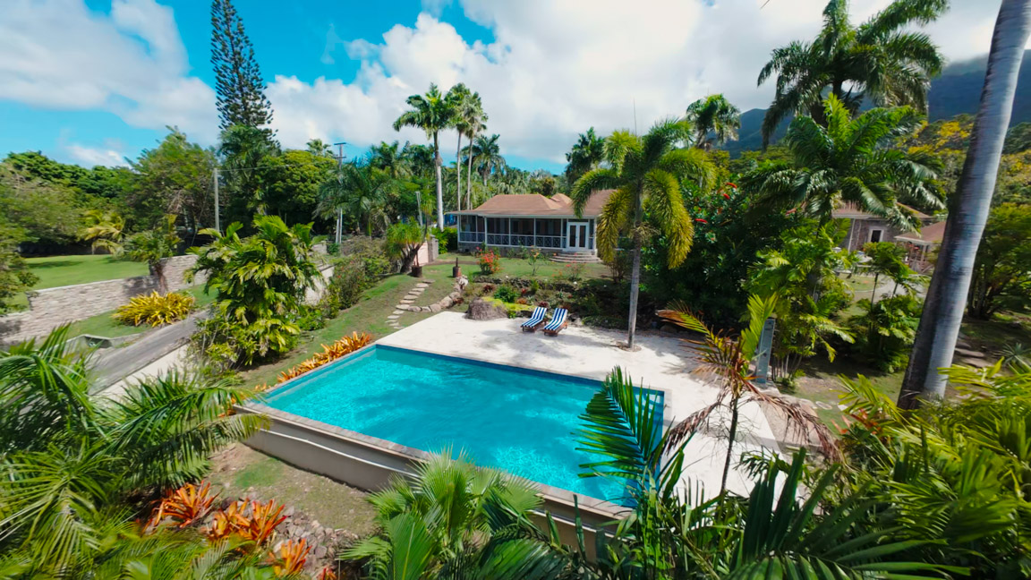 a pool in a tropical garden