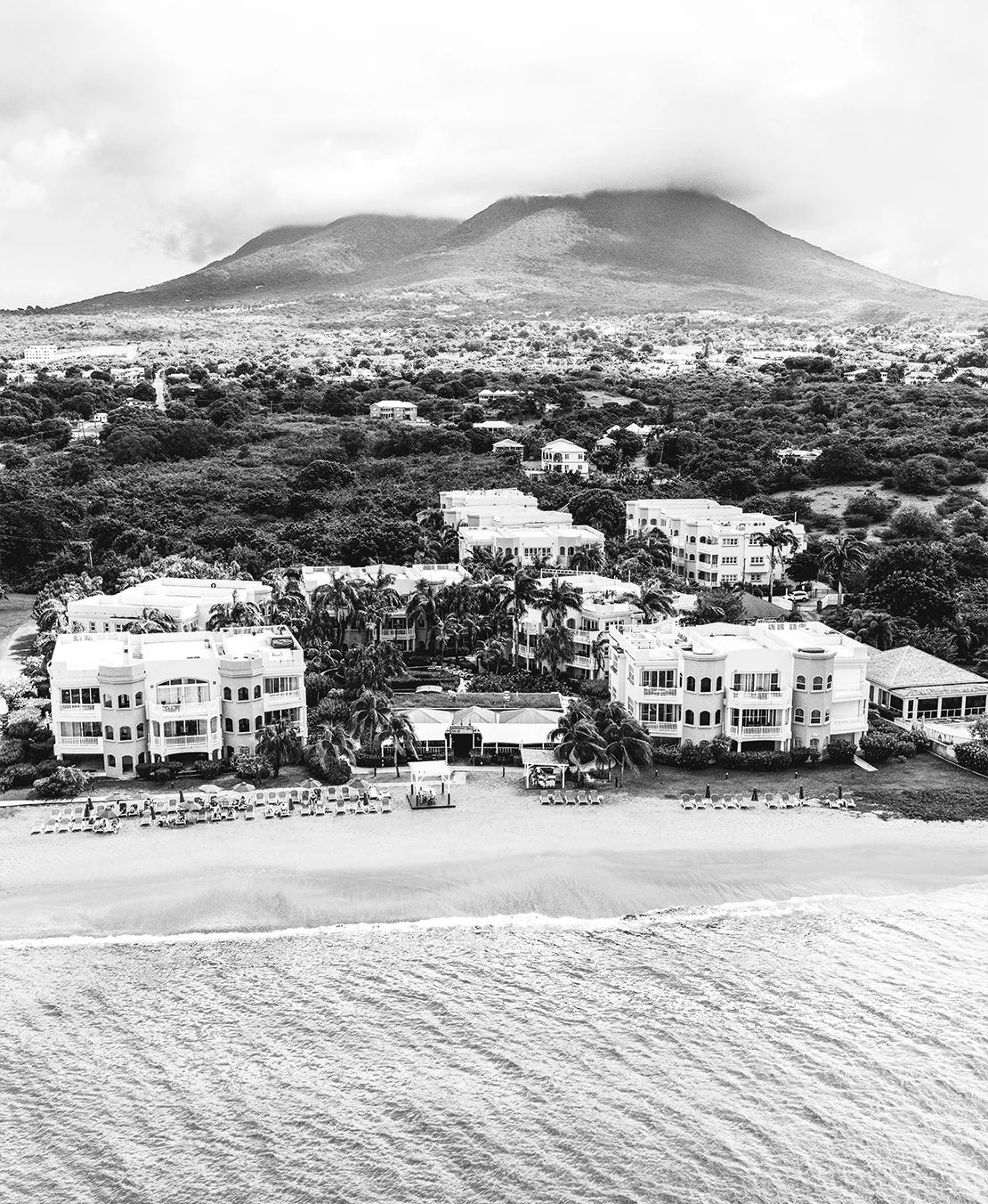 a beach with buildings and trees