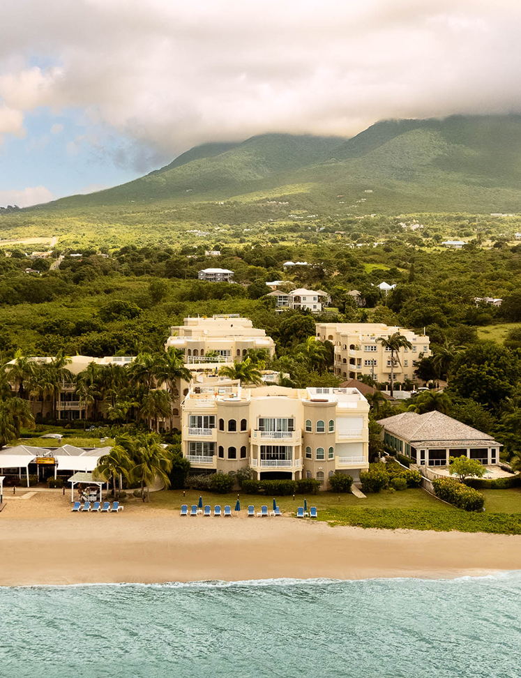 a beach with buildings and trees