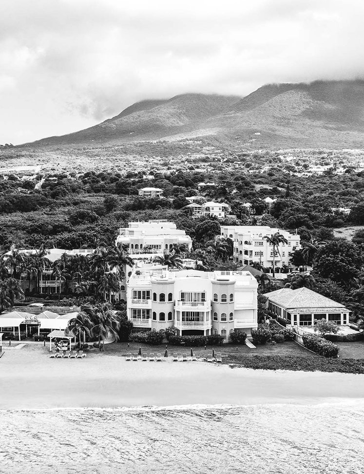 a black and white photo of a large white building surrounded by trees