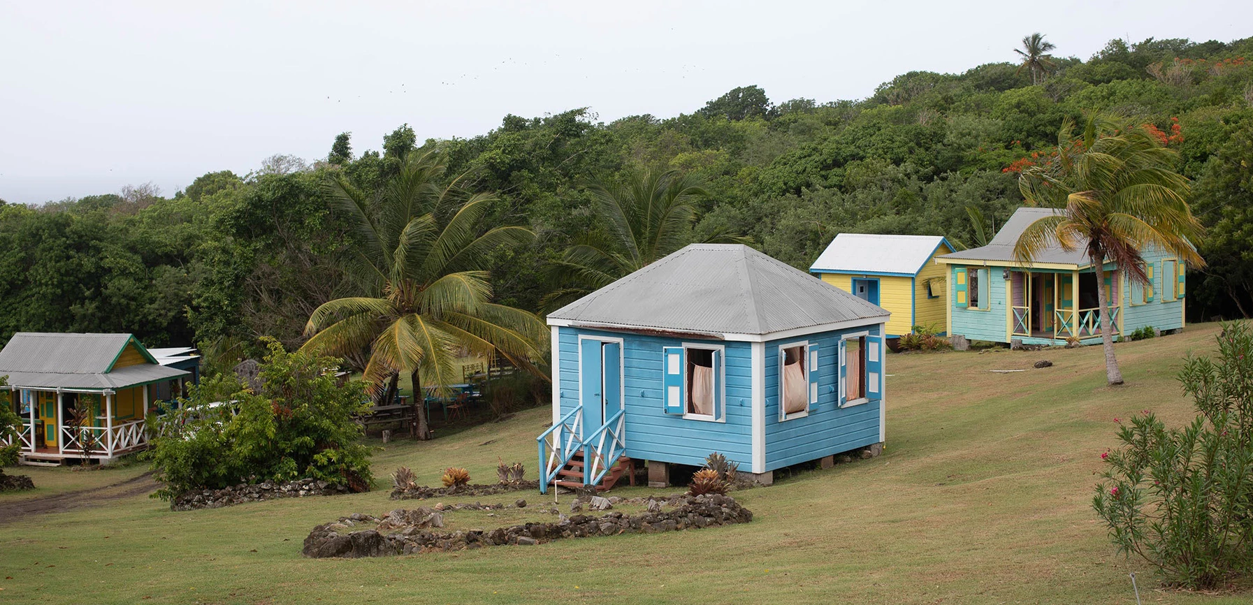 a small blue house in a grassy area with trees