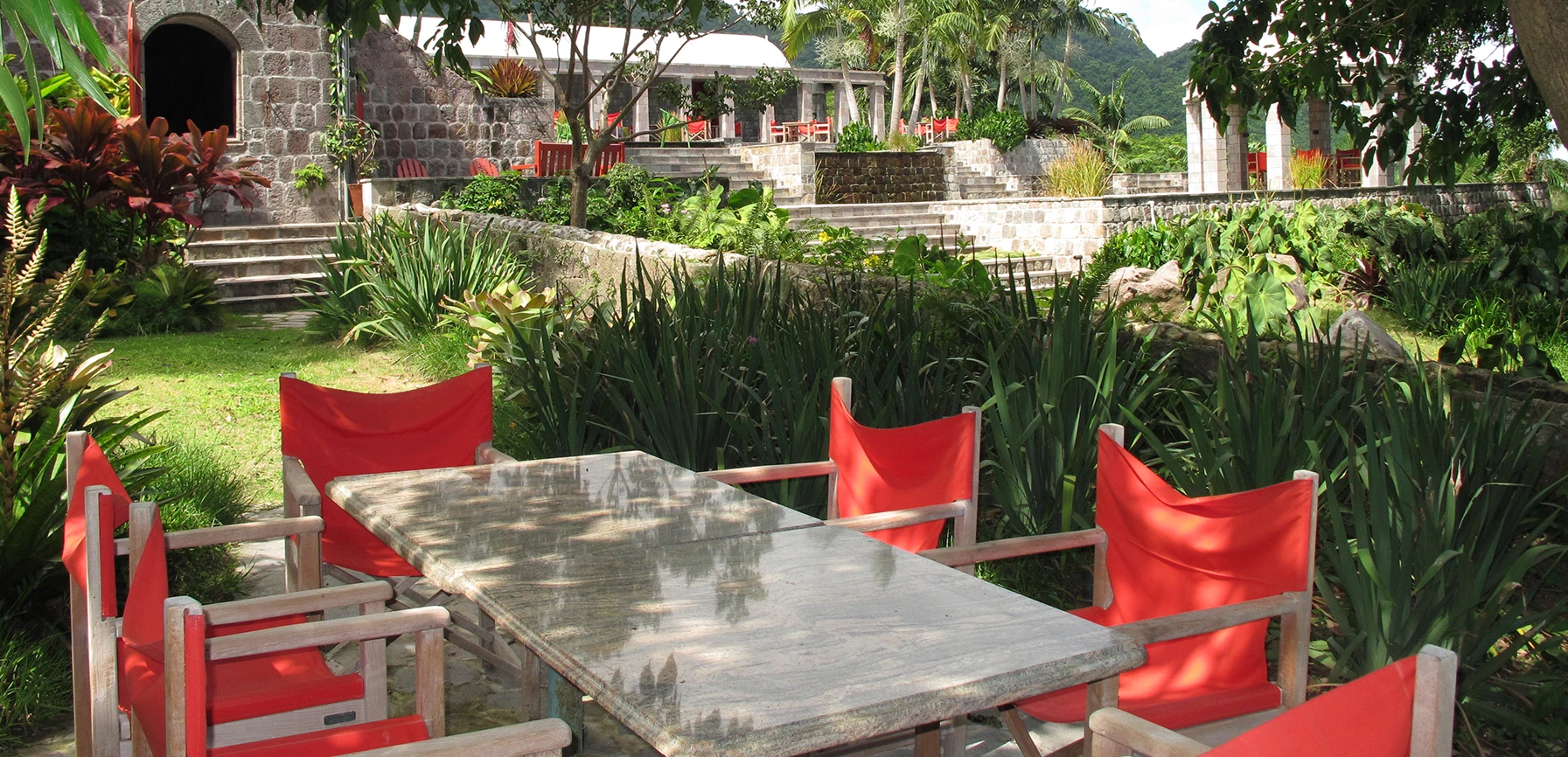 a table and chairs in a garden