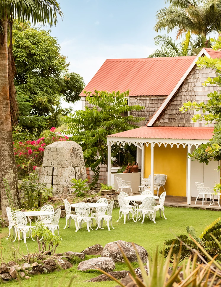 a white chairs and tables in a yard of a house