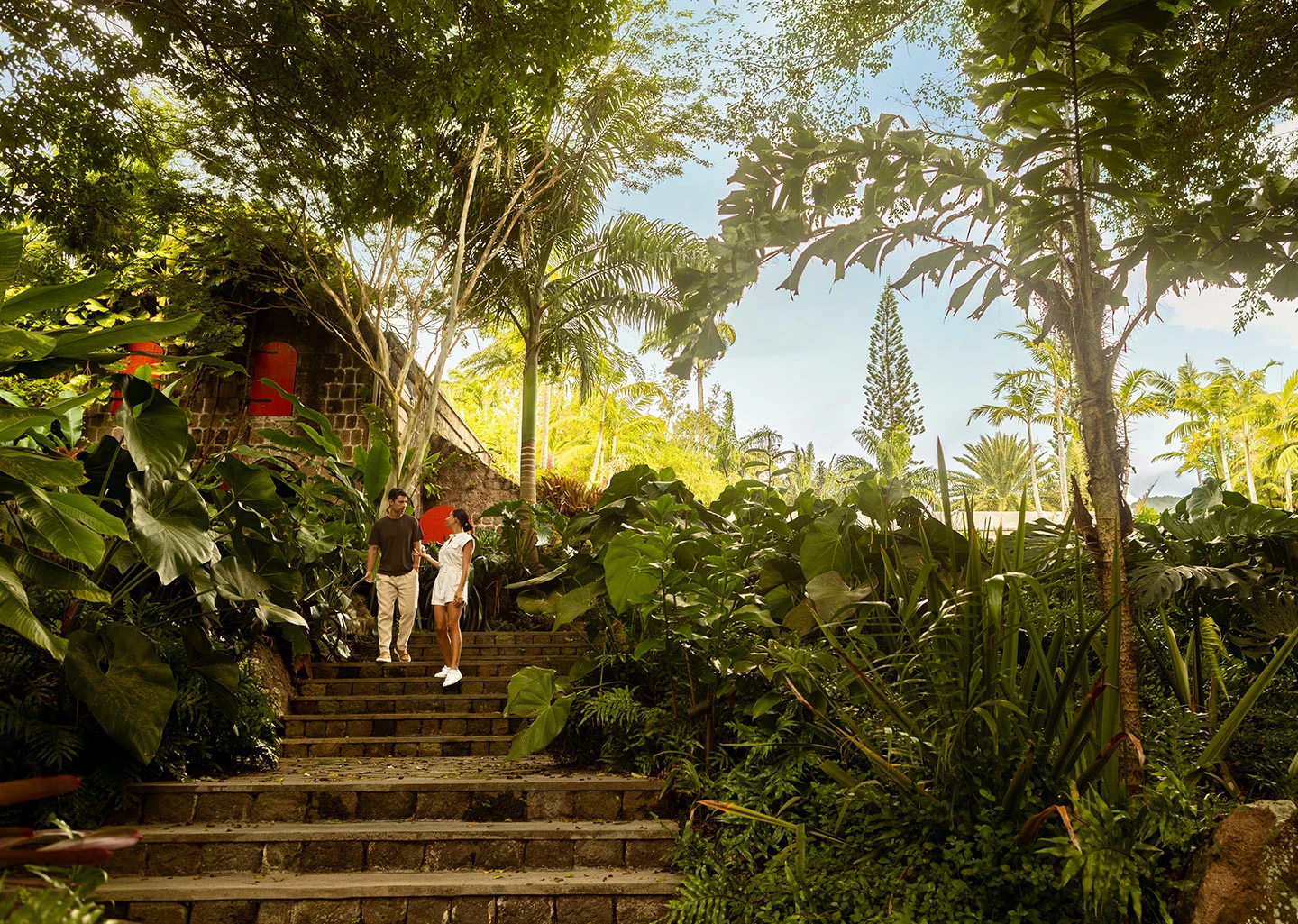 a man and woman walking up stairs in a tropical garden