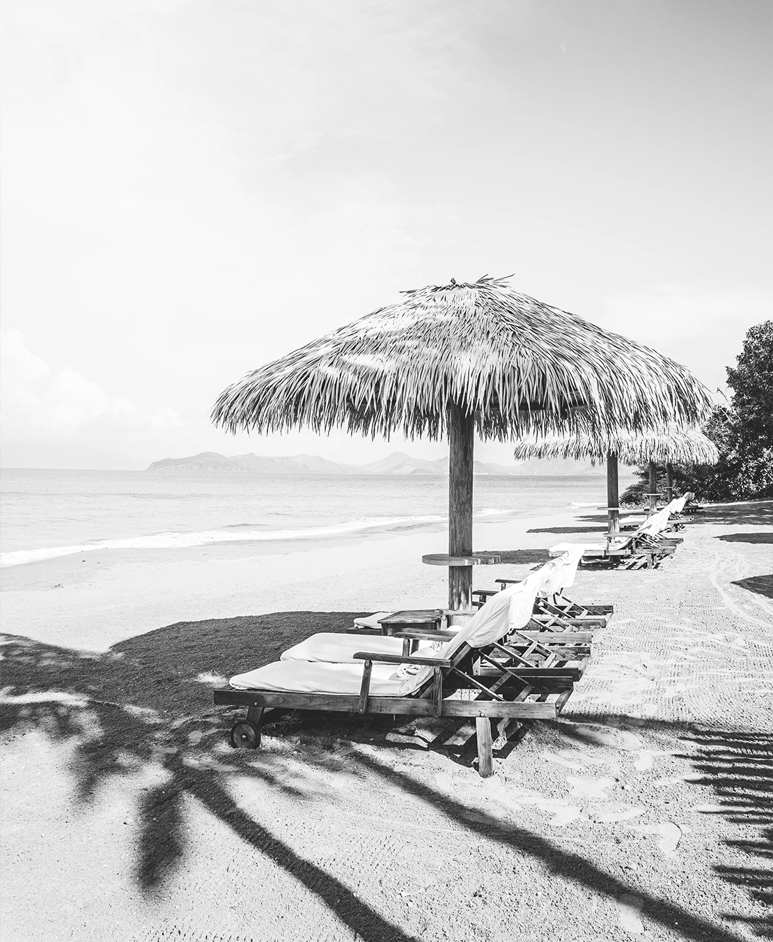 a beach with chairs and umbrellas