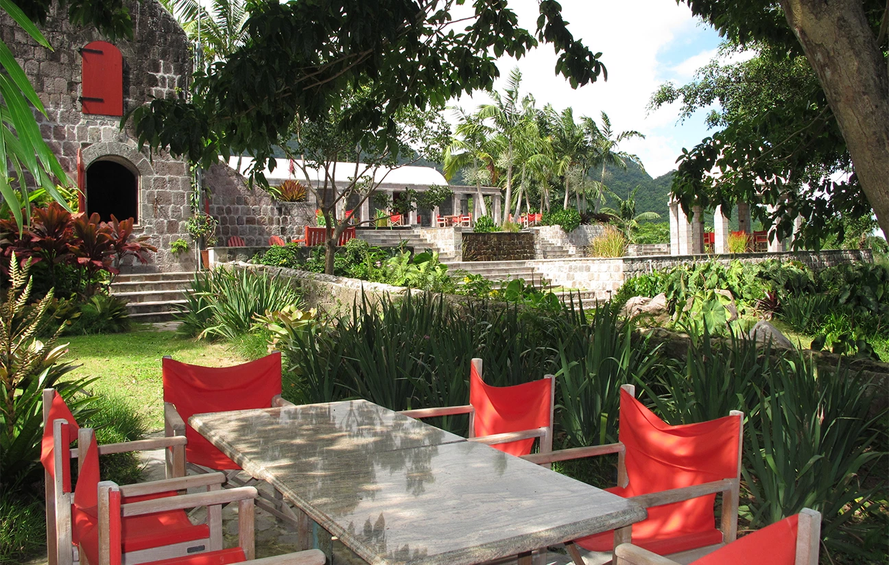 a table and chairs outside with trees and plants