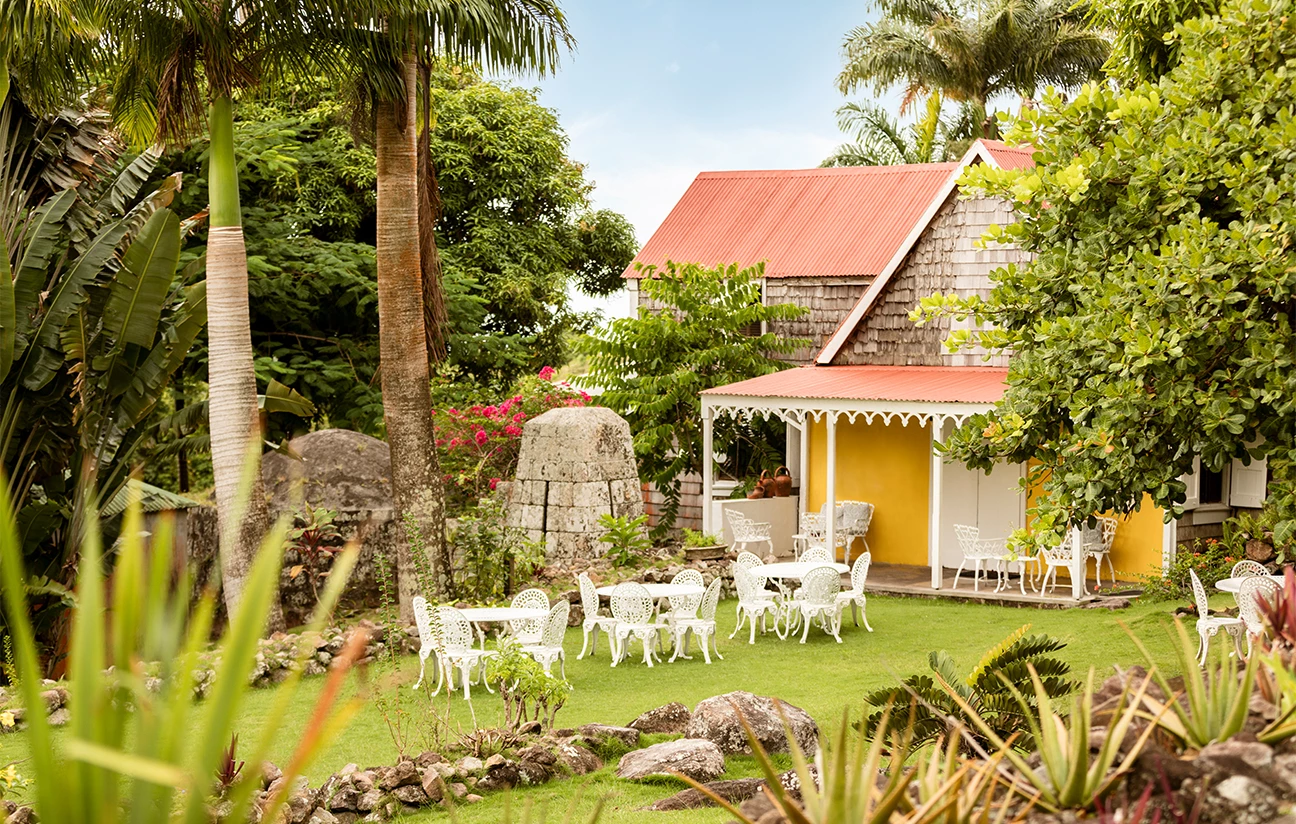 a white chairs and tables in a yard with a house in the background