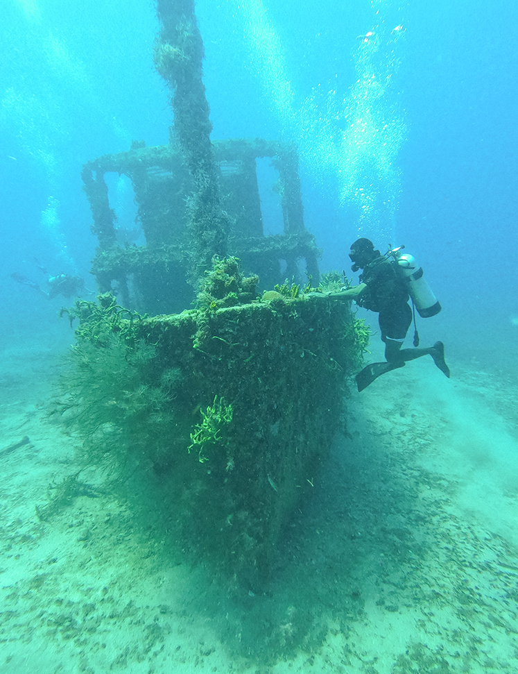a scuba diver standing next to a wreck