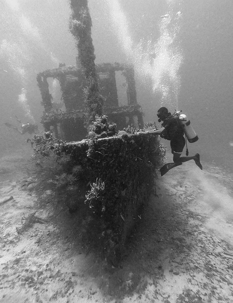 a scuba diver standing on a shipwreck