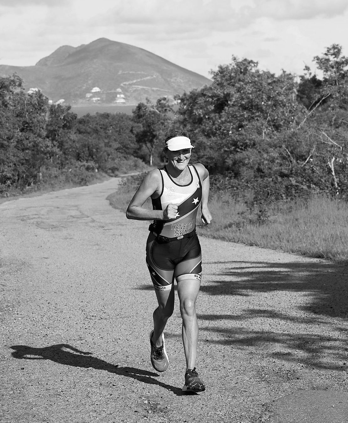 a woman running on a road