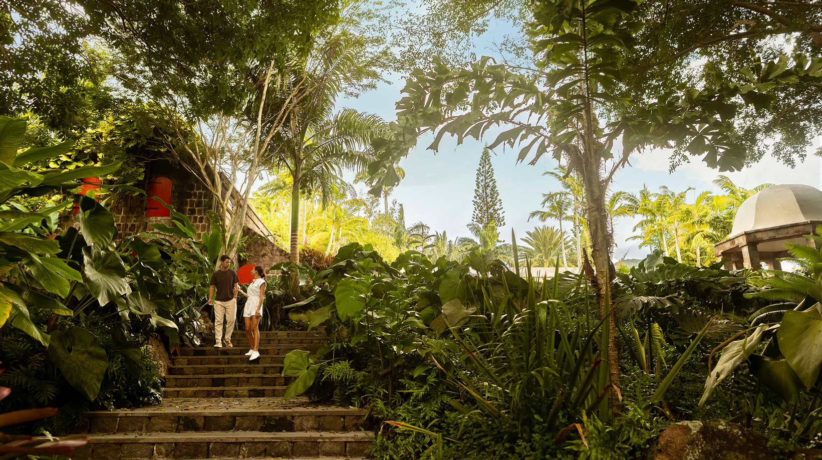 a man and woman walking down stairs in a tropical forest